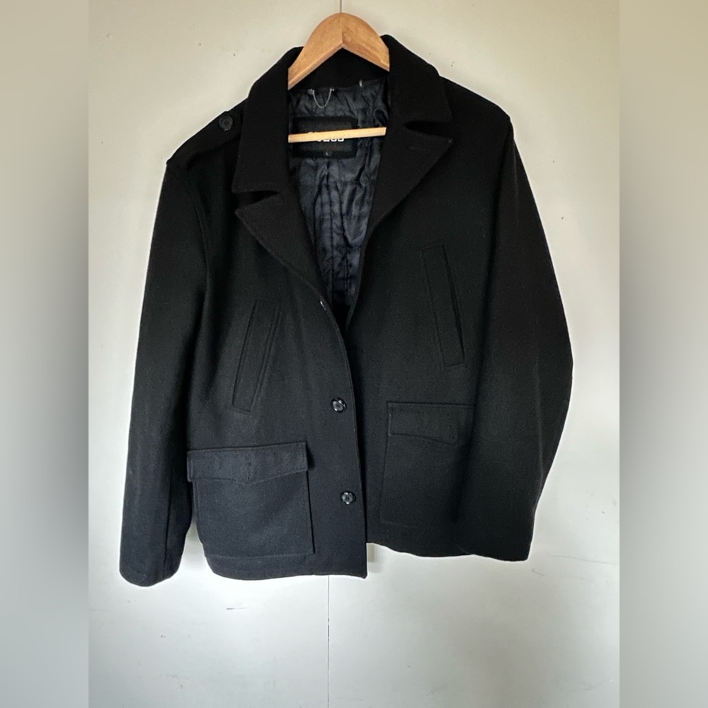 Men's Guess Wool Blend Black Felted Peacoat Jacket Coat Pockets Sz L